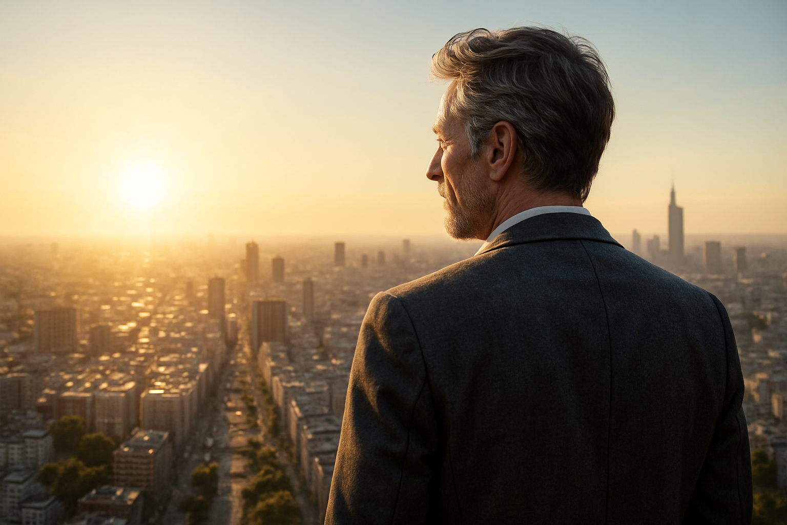 スーツ姿の中年男性が夕日に照らされた都市を見つめる後ろ姿。AI時代の未来を見据えるような構図。