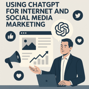 ChatGPTを活用したインターネットマーケティングを紹介するビジネスイメージ。ビジネスマンがノートパソコンを操作しながら、成長グラフとChatGPTロゴを背景に掲げている。