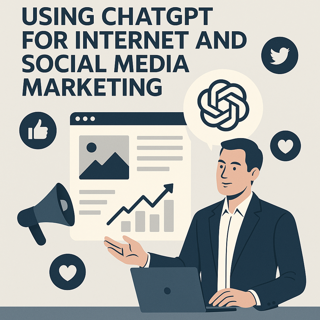 ChatGPTを活用したインターネットマーケティングを紹介するビジネスイメージ。ビジネスマンがノートパソコンを操作しながら、成長グラフとChatGPTロゴを背景に掲げている。