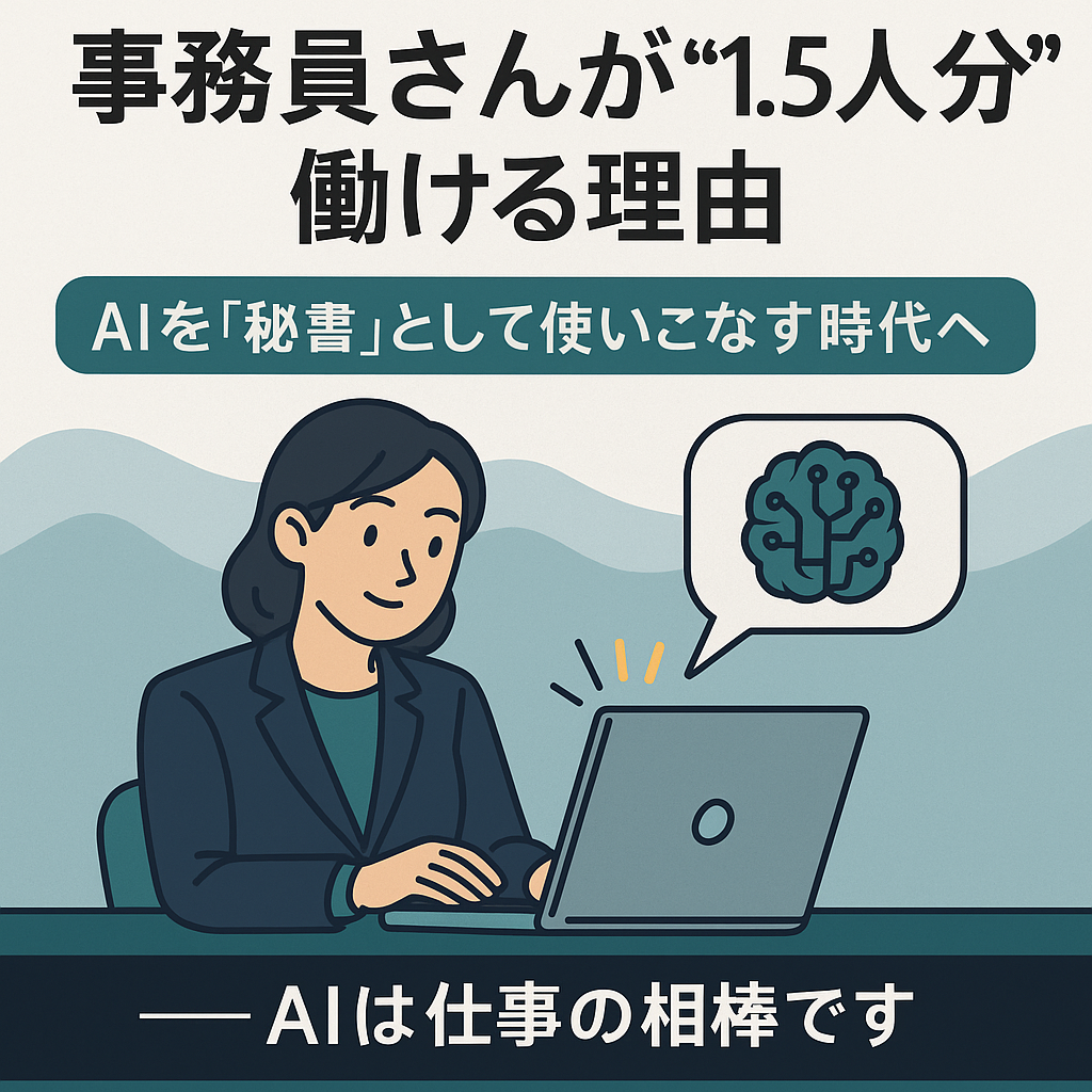 事務職の女性がAIツールを使って業務を効率化しているイメージイラスト。秘書のように活躍するAIが描かれている。