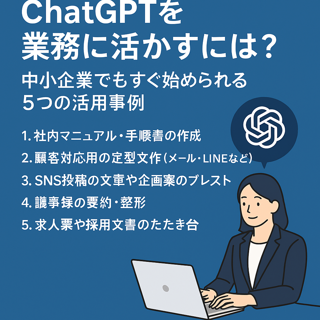 「ChatGPT業務活用の5つの方法」を紹介するイラスト風バナー画像。パソコンや書類のアイコンと、働くビジネスパーソンが登場。