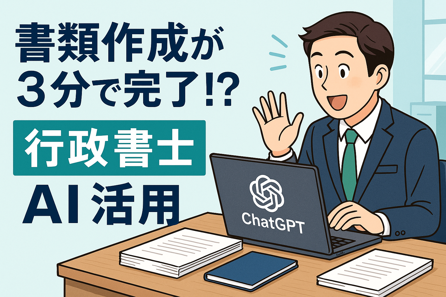 スーツ姿の行政書士がノートパソコンの前で笑顔を見せ、ChatGPTを使って書類作成を自動化している様子のイラスト。横には「書類作成が3分で完了！？」というキャッチコピーが表示されている。