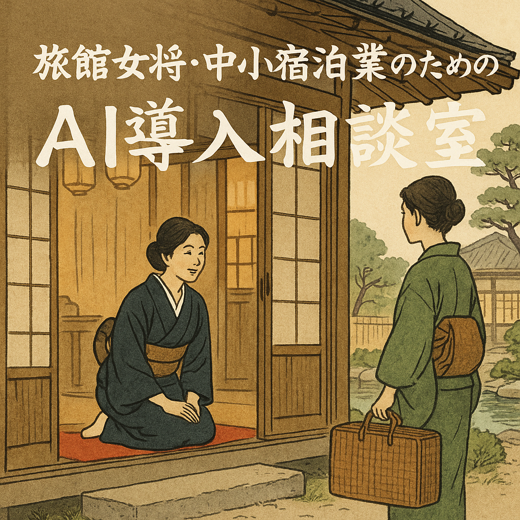 和風旅館の中で女将が静かに立つ様子。背景には障子と桜、筆文字で「AI活用で人手不足解消」と書かれている洗練された日本画風のアイキャッチ画像。