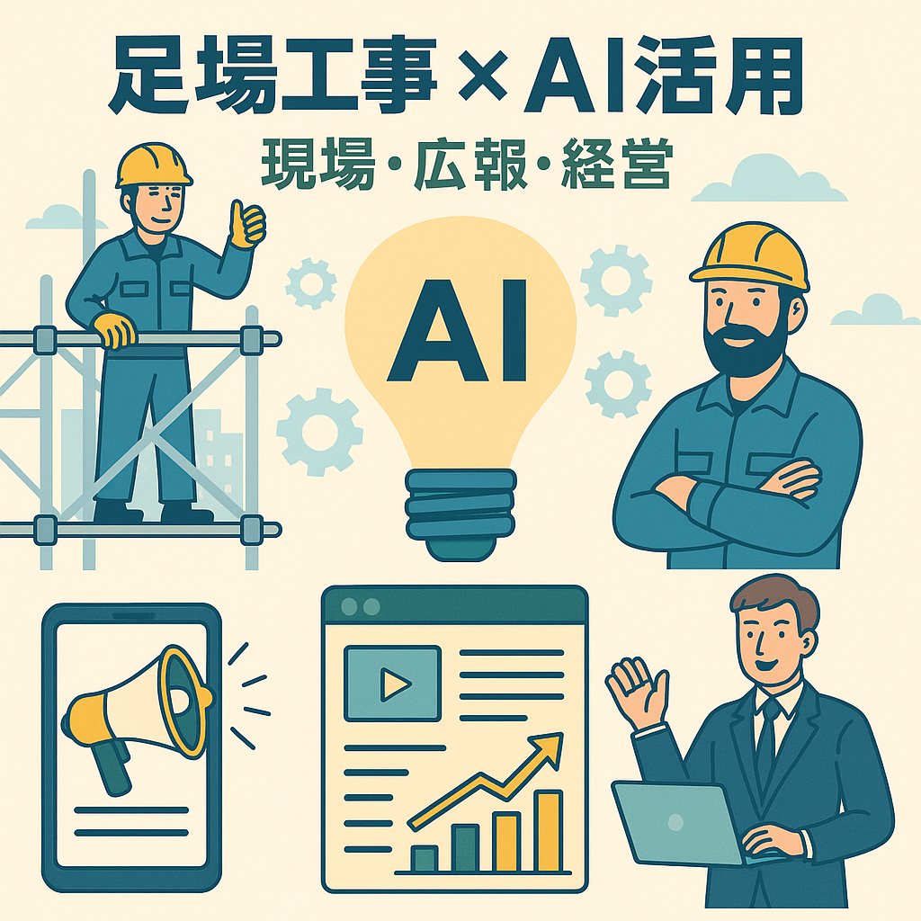 足場工事とAI活用をテーマにしたイラスト。足場上の作業員、スーツ姿のビジネスマン、現場監督、AIの電球アイコン、グラフやスマホの広報イメージなどが描かれている。