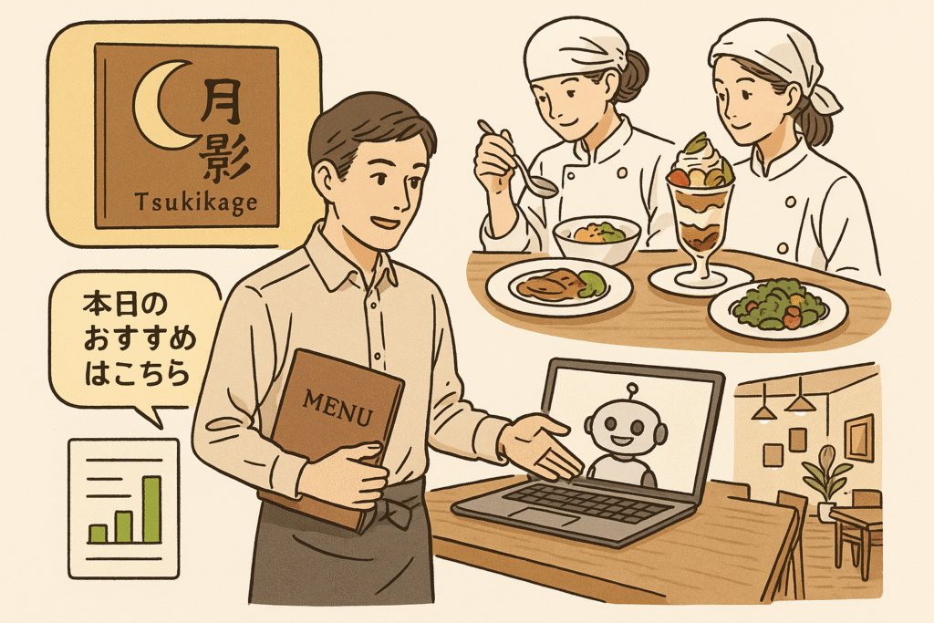 飲食店の店員が「本日のおすすめはこちら」と話しかけながら、AIと連携したパソコンを操作している様子を描いたイラスト。料理人たちが料理を試食しており、周囲にはメニュー表や店舗ロゴが描かれている。