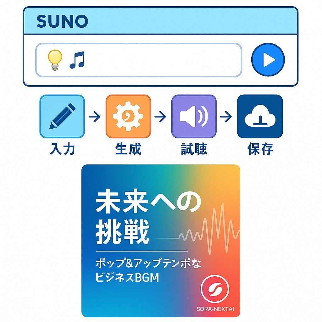 SUNO AIの操作画面と音楽制作の流れを示すビジュアル。プロンプト入力から音楽生成、試聴、ダウンロードまでの手順をアイコンでわかりやすく表現しています。