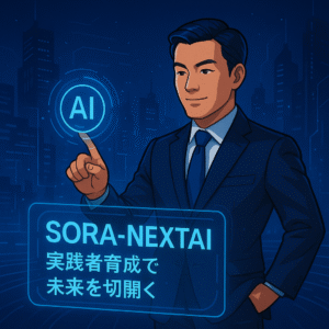 未来都市を背景に、スーツ姿の男性がホログラムのAIアイコンに指をかざすシーン。青色のホログラフィックパネルに「SORA-NEXTAI 実践者育成で未来を切り開く」と表示されている。