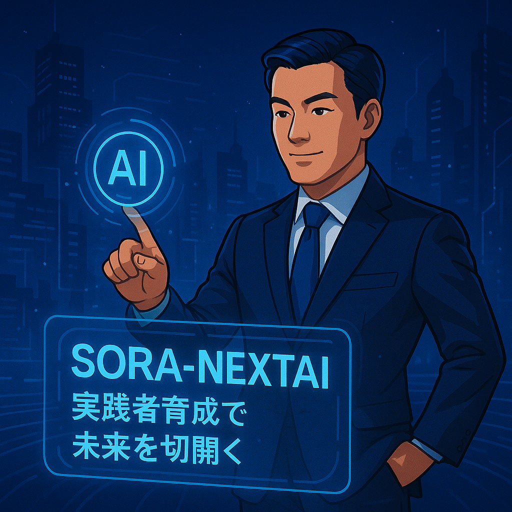 未来都市を背景に、スーツ姿の男性がホログラムのAIアイコンに指をかざすシーン。青色のホログラフィックパネルに「SORA-NEXTAI 実践者育成で未来を切り開く」と表示されている。
