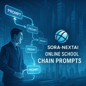 SORA-NEXTAIオンラインスクールのチェーンプロンプト学習を象徴するイメージ。未来的なビジネス空間で、ビジネスマンが複数のプロンプトを繋げて活用している様子を描いたデジタルイラスト。