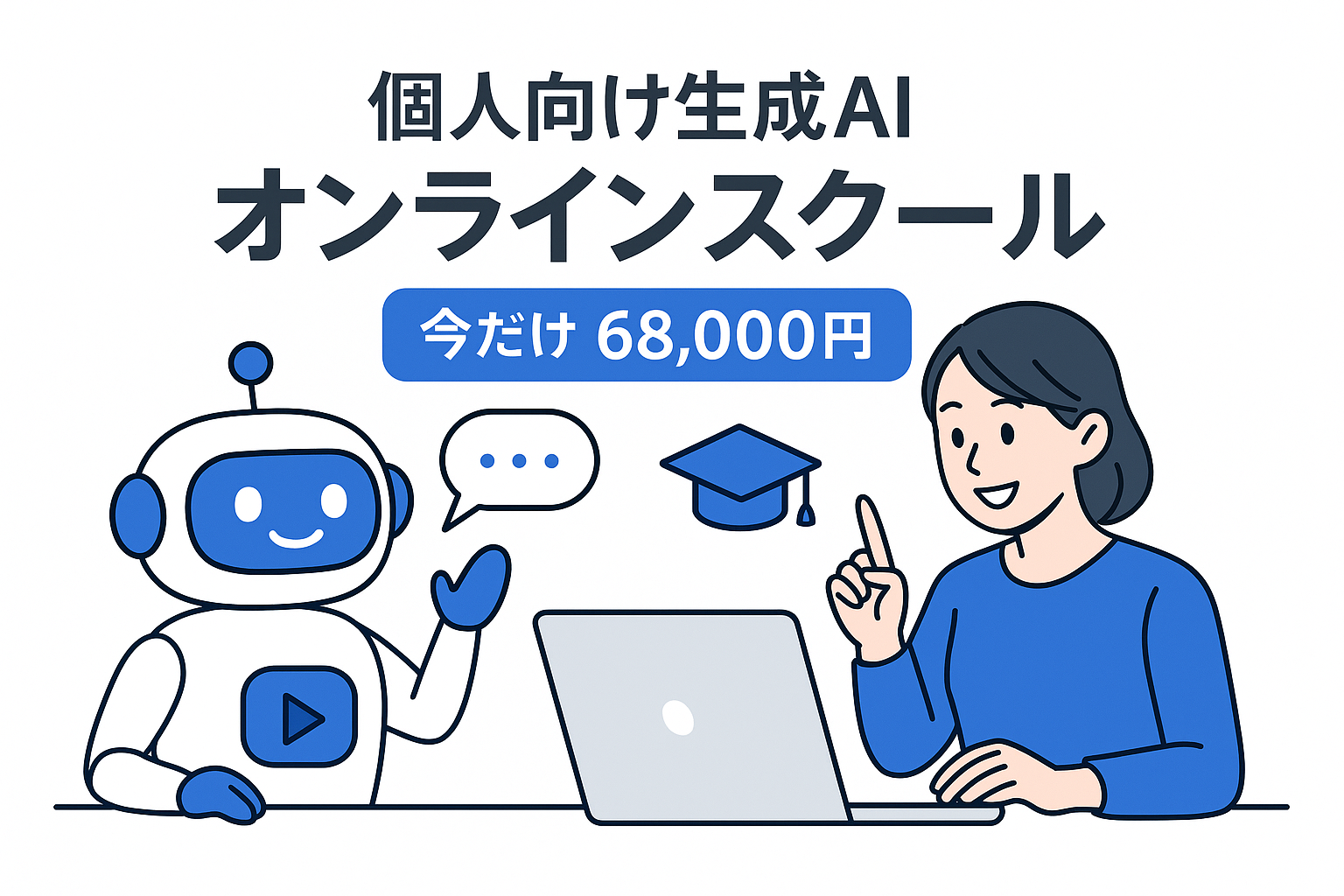SORA-NEXTAI|個人向け生成AIオンラインスクール アイキャッチ SORA-NEXTAI 一般向けAIオンラインスクールのアイキャッチ画像。青と白を基調に、学習者とフレンドリーなチャットボットがPCを前に学ぶ様子を描いたイラスト。