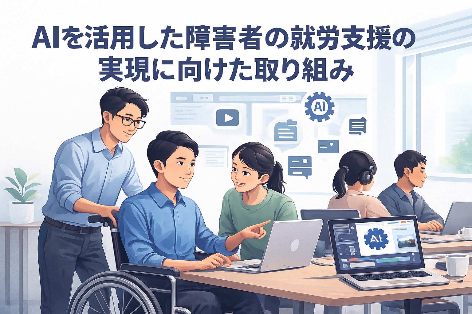AIを活用した障がい者の就労支援をイメージしたビジュアル。デジタル技術と人のつながりを象徴する温かいイラスト。