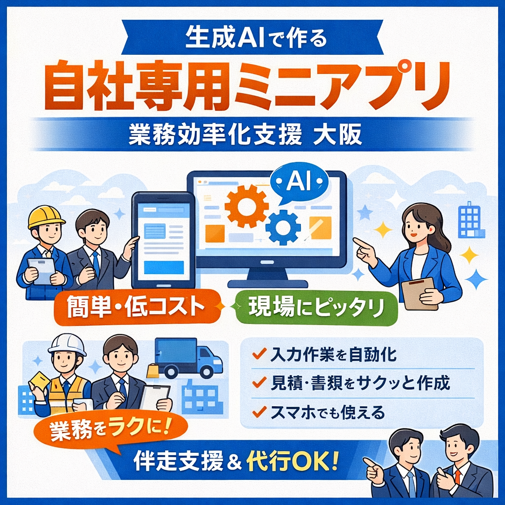 大阪の中小企業向けに生成AIを活用した自社専用ミニWebアプリで業務効率化を支援するインフォグラフィック