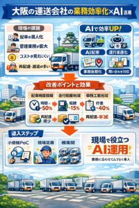 大阪の運送会社向けにAIで業務効率化する方法（AI配車・運行最適化・事務自動化・問い合わせ対応）をまとめたインフォグラフィック
