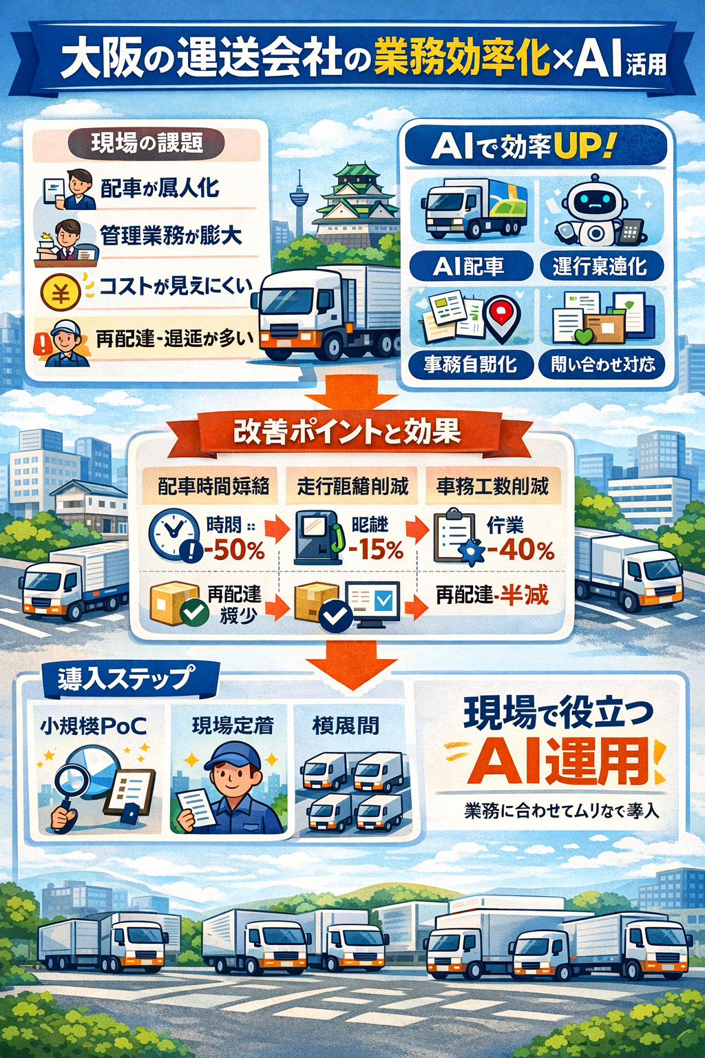 大阪の運送会社向けにAIで業務効率化する方法（AI配車・運行最適化・事務自動化・問い合わせ対応）をまとめたインフォグラフィック