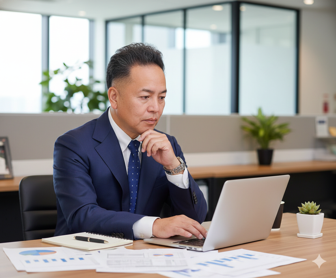 alt="大阪の中小企業向けに、訪問でIT・AIの業務整理を行うSORA-NEXTAI代表が、事前準備としてデスクで作業している様子"