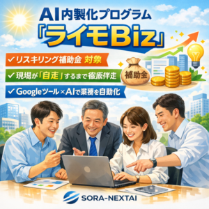 大阪の中小企業向けAI内製化プログラム『ライモBiz』。リスキリング補助金対象で、Googleツール×AIによる業務自動化と現場自走支援を行うSORANEXTAIのサービス紹介ビジュアル。
