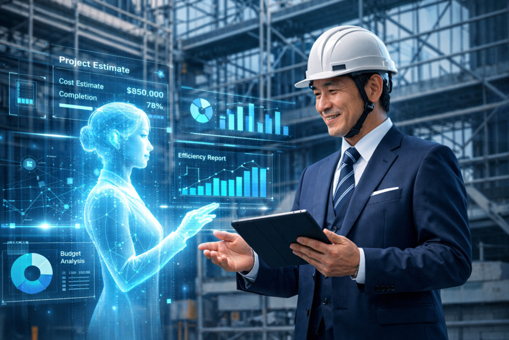 ヘルメットを着用した日本人の建設会社経営者が建設現場でタブレットを操作し、青いホログラムのAIアシスタントと対話している。背景には足場とデジタルのグラフや見積データが表示されている。
