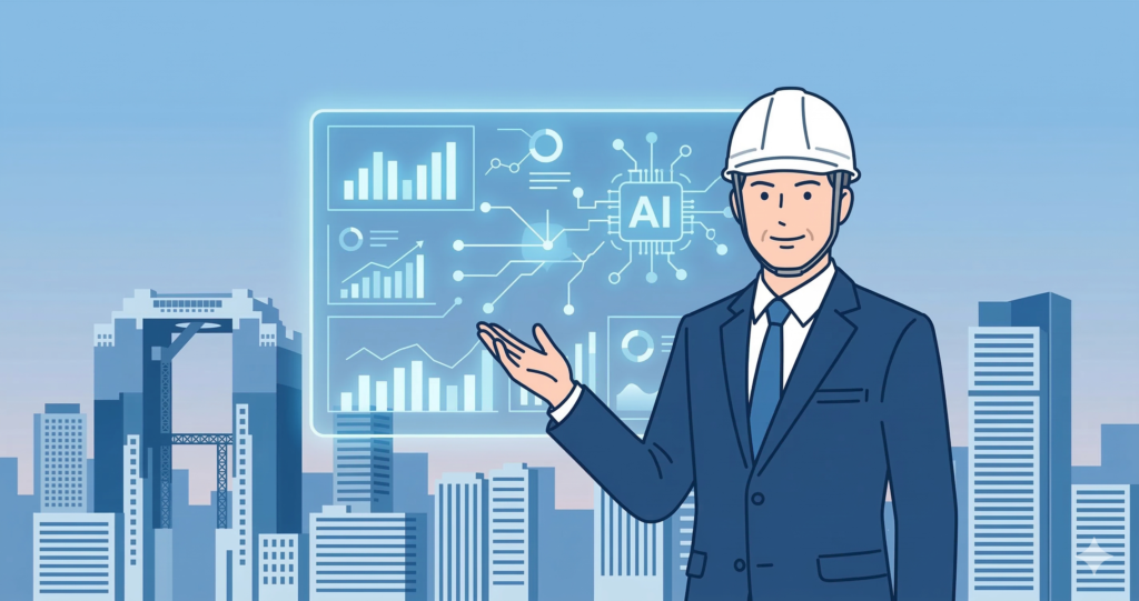 大阪の街並みを背景に、ヘルメットを被った日本人ビジネスマンがAIデータチャートを指し示すイラスト