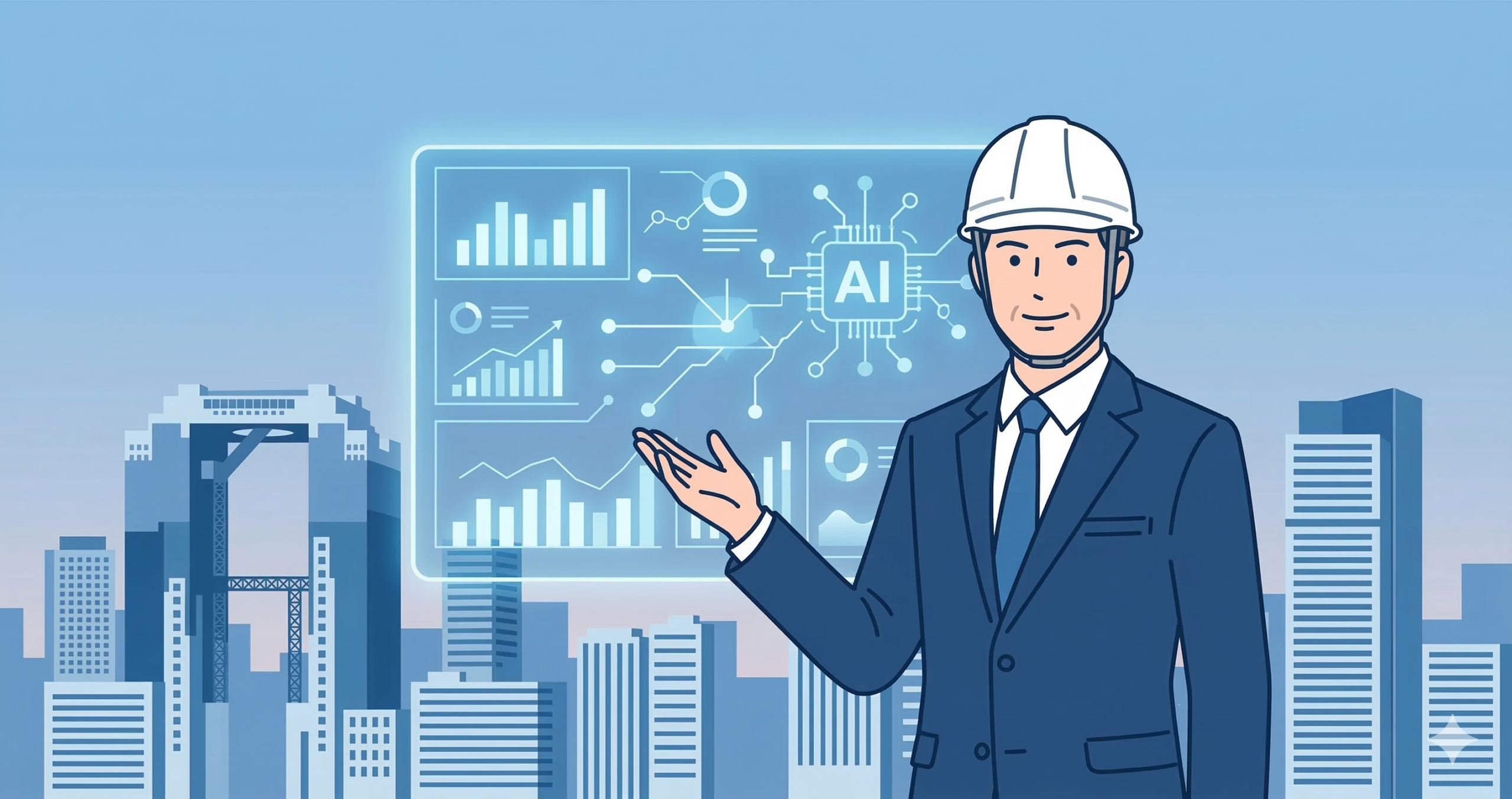 大阪の街並みを背景に、ヘルメットを被った日本人ビジネスマンがAIデータチャートを指し示すイラスト