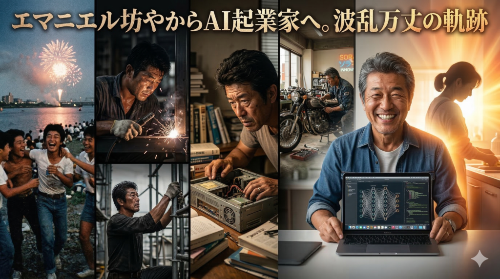 大阪の淀川での少年時代、足場職人や溶接作業、独学でのPC修理、そして現代のAI起業家としての笑顔まで、日本人男性の波乱万丈な人生の歩みを左から右へ時系列で描いたフォトコラージュ。背景には「エマニエル坊やからAI起業家へ」の文字と、支えとなった母親のシルエットが描かれている。