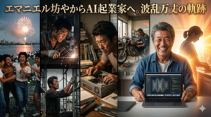 大阪の淀川での少年時代、足場職人や溶接作業、独学でのPC修理、そして現代のAI起業家としての笑顔まで、日本人男性の波乱万丈な人生の歩みを左から右へ時系列で描いたフォトコラージュ。背景には「エマニエル坊やからAI起業家へ」の文字と、支えとなった母親のシルエットが描かれている。