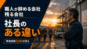 建設現場で職人たちを見つめる建設会社社長｜職人が辞める会社と残る会社の違いを解説
