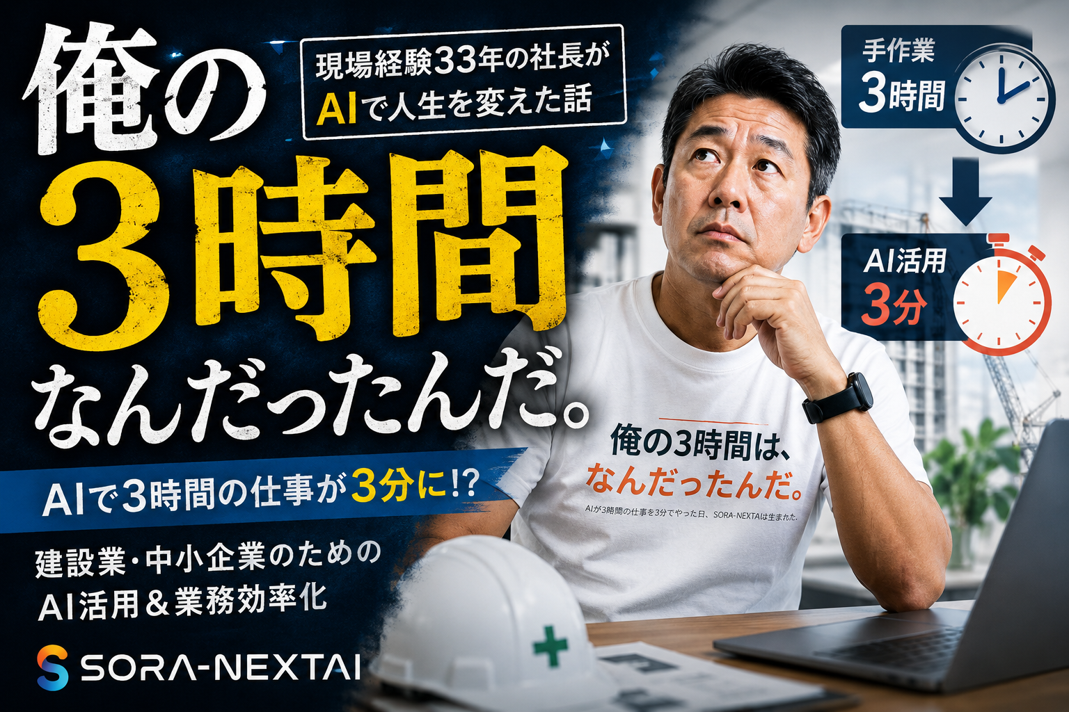 AIで3時間かかる業務を3分に短縮し、「俺の3時間はなんだったんだ。」と気づいた現場社長をイメージしたアイキャッチ画像