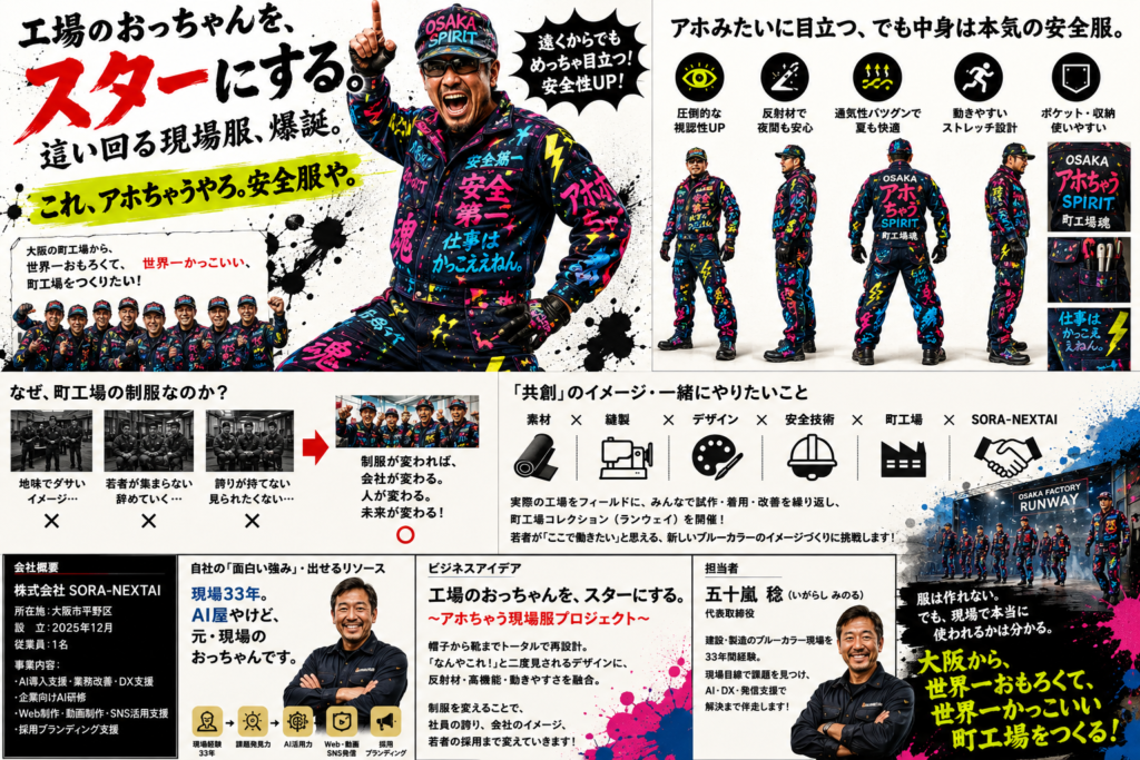 共創脈々-あほちゃうビジネスグランプリで発表した「工場のおっちゃんを、スターにする。」プロジェクトのコンセプトボード。現場33年の経験を活かし、建設業・製造業の技術継承とAI活用、現場DX、採用ブランディングを提案。