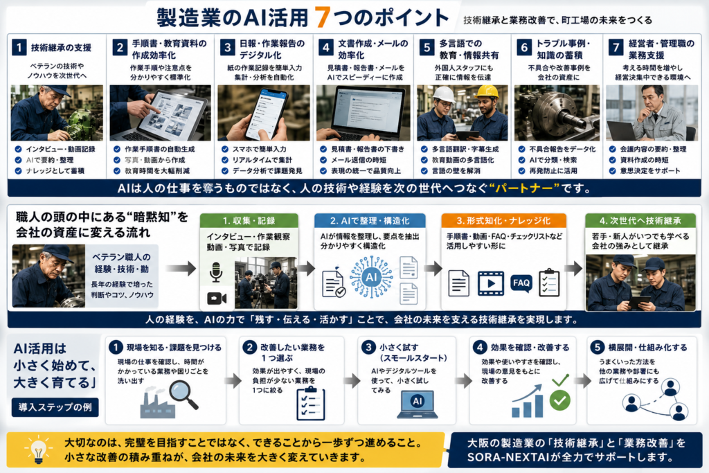 製造業の技術継承をAIで支援する流れと7つのAI活用法、導入5ステップの図解